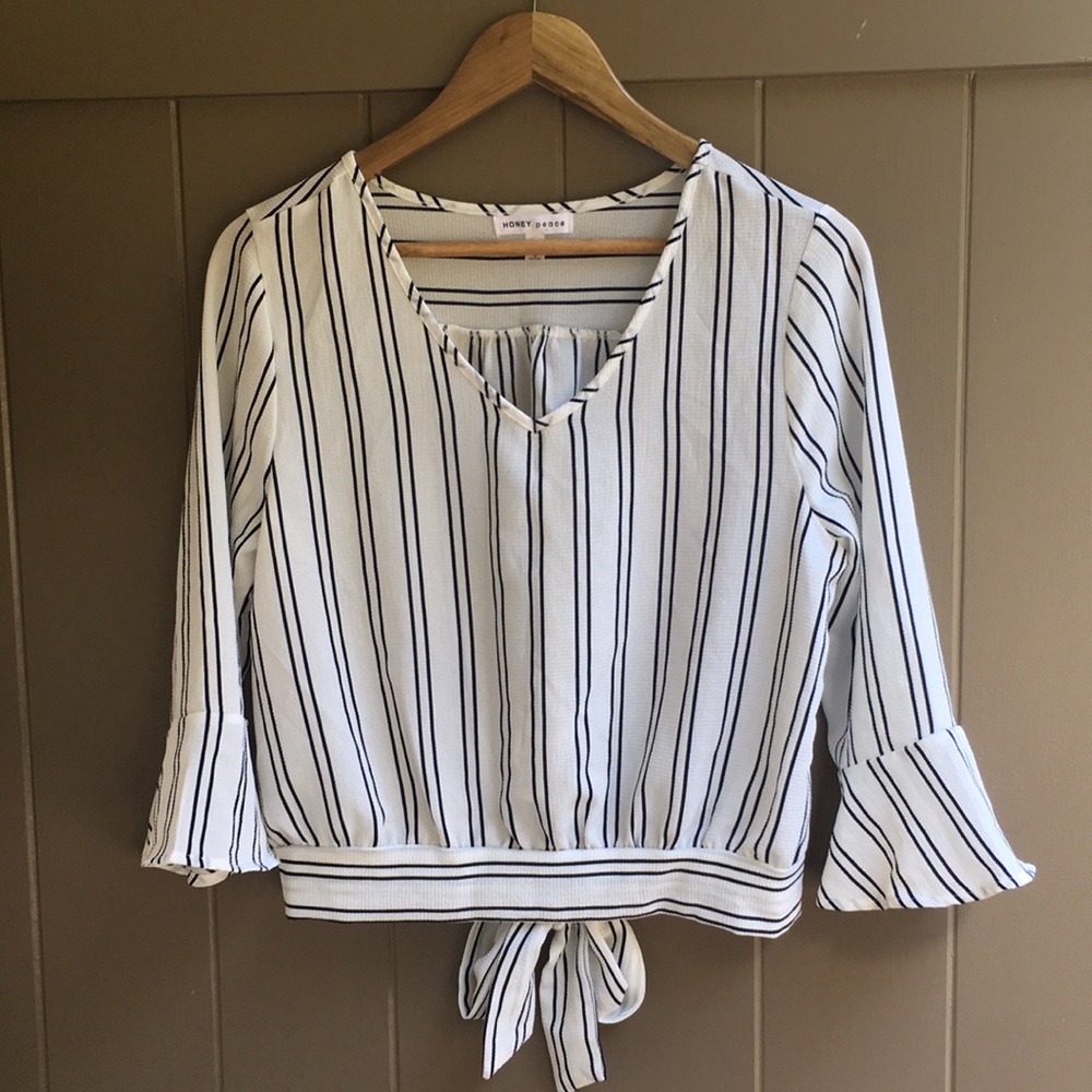 Black/white tie-back blouse